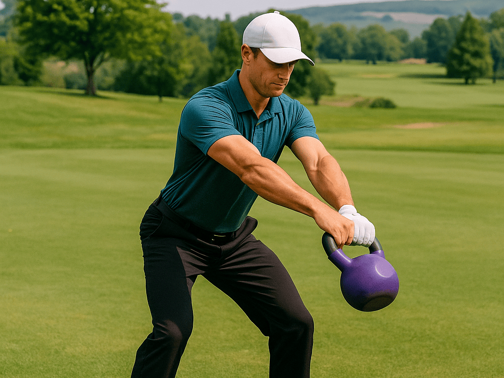 Golfer performing kettlebell swing to build explosive power and swing speed.