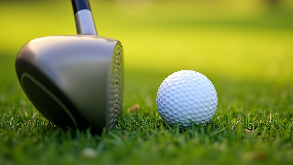 A close-up view of a golf club lying on fresh grass next to a golf ball, with sunlight highlighting the texture of the club and blades of grass.