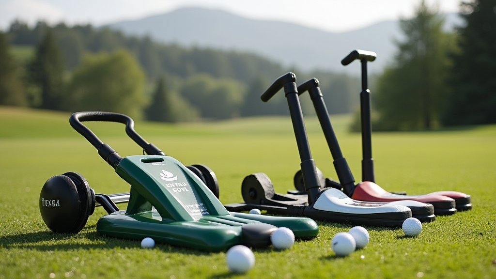 A collection of golf training equipment placed on a green field, surrounded by golf balls and a scenic natural backdrop.