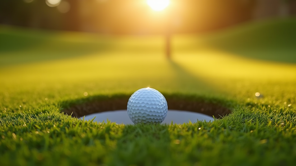 A golf ball near the hole on a bright, green putting green with early morning light, focus on the atmosphere of calm and focus, no people