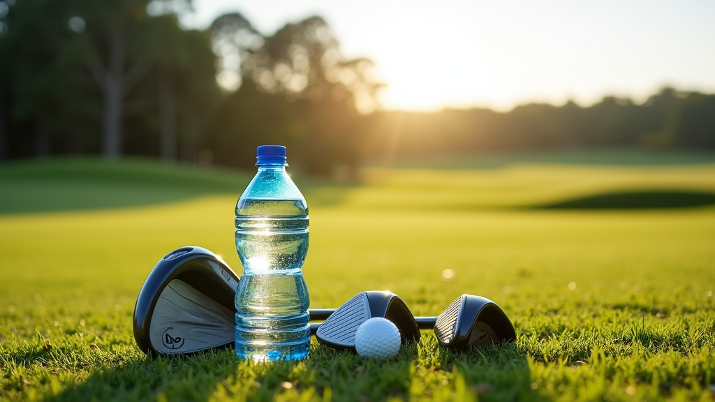 A golf course with a water bottle and clubs on green grass under bright sun