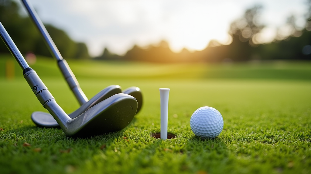 A set of golf clubs and a golf ball sitting on fresh green grass beside a tee, with a peaceful golf course landscape in the background.