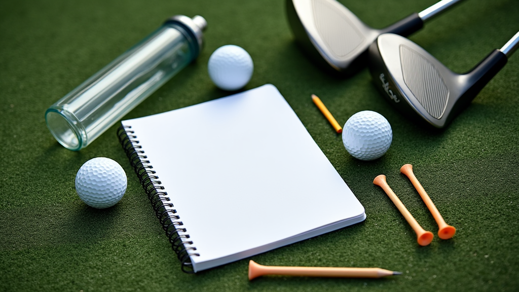 A spiral-bound notebook surrounded by golf balls, tees, a water bottle, and a pencil, placed on short-cut putting green with golf clubs nearby.