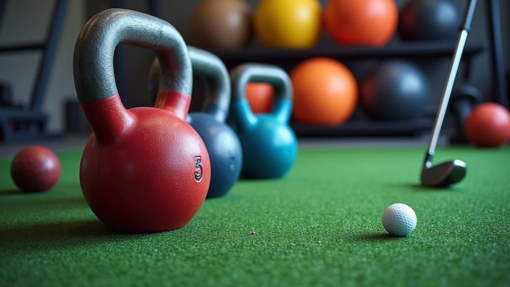Close-up view of kettlebells, resistance bands, a medicine ball, and a golf club arranged on gym turf. Background shows a rack of weights, gym mats, and a putting green for functional golf training.
