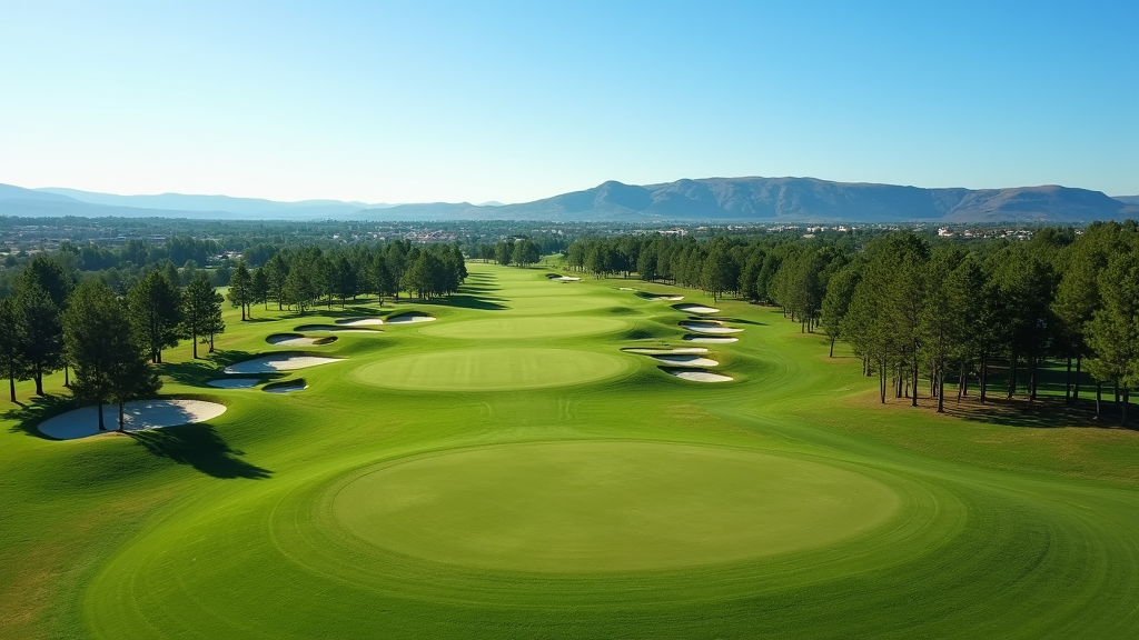 Golf course landscape with neatly lined fairways and trees