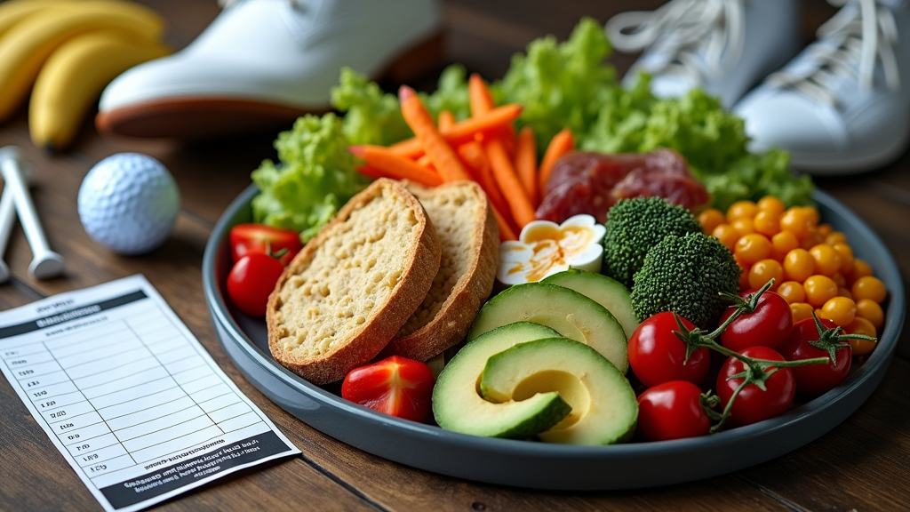 nutritious meal with golf equipment and scorecard